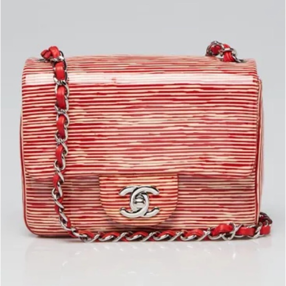 CHANEL
Red/White Striped Patent Leather Classic Mini Flap Bag